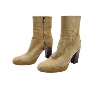 Tods Womens Boots EU 38.5 Tan Suede Leather Mid Calf Zip Up Platform Heels Shoes